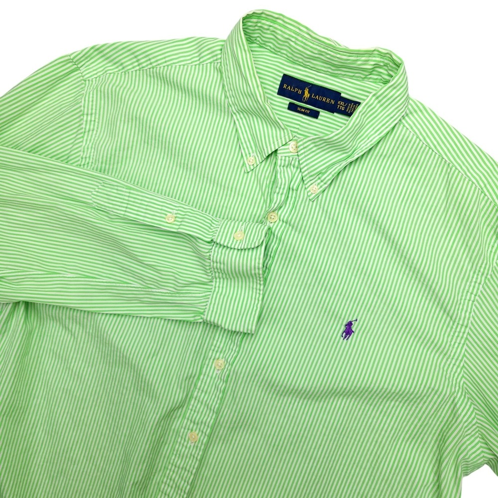 Ralph Lauren Shirt Mens 2XL Green Stripe Long Sleeve Button Down Slim Fit Cotton